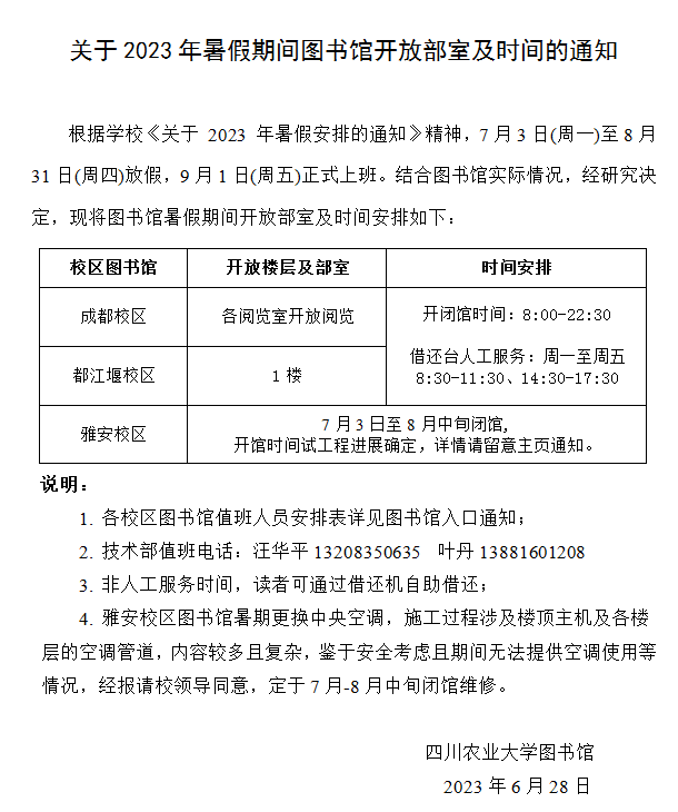 关于2023年暑假期间图书馆开放部室及时间的通知